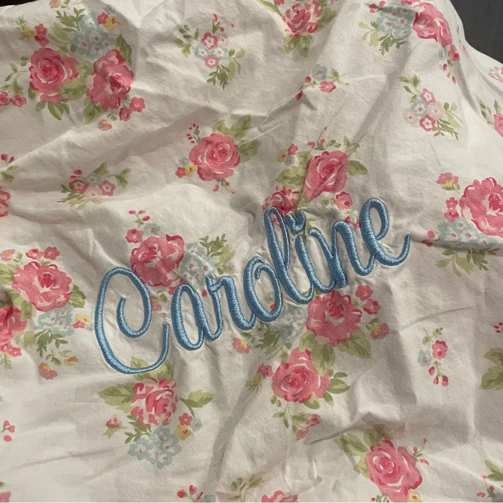 Pottery Barn Kids Pink Floral Rose Crib Sheet **Embroidered Organic Cotton